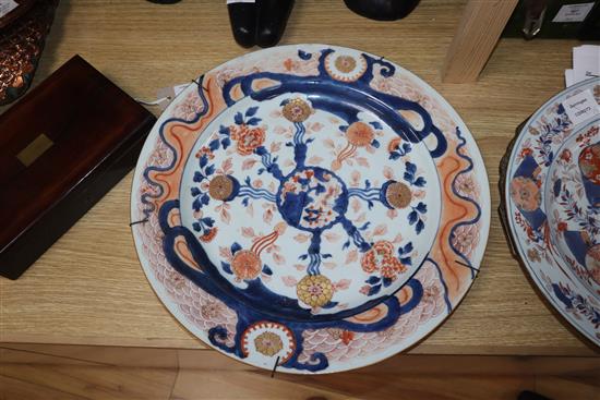 Two Chinese Imari chargers, Kangxi period, one restored